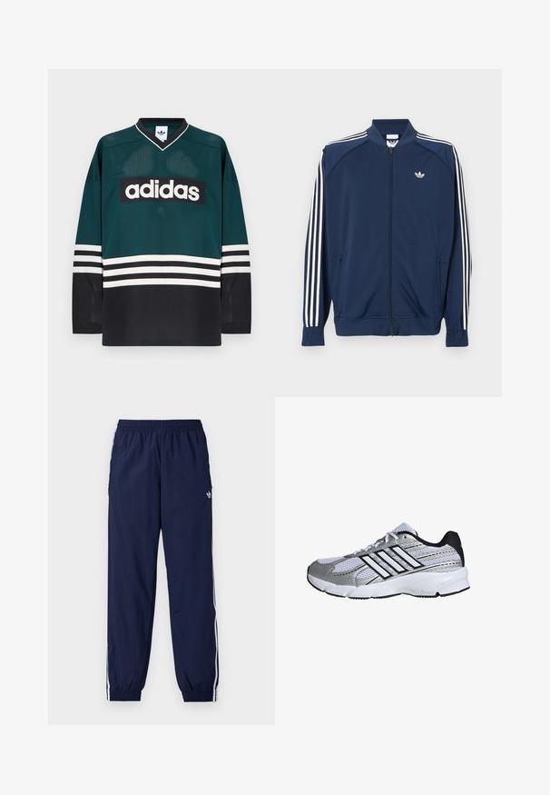 Marineblaue Trainingsjacke aus Polyester mit Reißverschluss, mit weißen Drei-Streifen-Akzenten an den Ärmeln und einem kleinen weißen Logo auf der Brust.; Grünes und schwarzes Adidas-Trikot mit V-Ausschnitt, langen Ärmeln, Netzstruktur und auffälligem weißem Logo quer über der Brust mit gestreiften Akzenten.; Marineblaue Trainingshose aus leichtem Stoff, mit weißen Streifen an den Seiten, einem elastischen Bund und einem kleinen Logo.; Mesh-Sportschuh in Weiß und Silber mit schwarzen Akzenten, drei weißen Streifen als Logo, gepolstertem Kragen und strukturiertem Gummisohle.