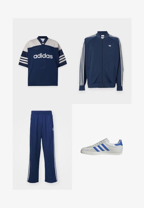 Marineblå lynlåstrøje i polyester med hvide tre-stribe accenter på ærmerne og et lille hvidt logo på brystet.; Marineblå og lysegrå Adidas sportstrøje med korte ærmer, hvid Adidas-logo centreret foran og tre hvide striber på ærmerne.; Marineblå sportbukser med en afslappet pasform, udstyret med hvide sidestativer og elastisk talje. Glat stof, ingen synlige mønstre eller hardware.; Hvide sneakers med blå og grå detaljer, med tre signaturstriber, snørebånd foran og en tekstureret sål.
