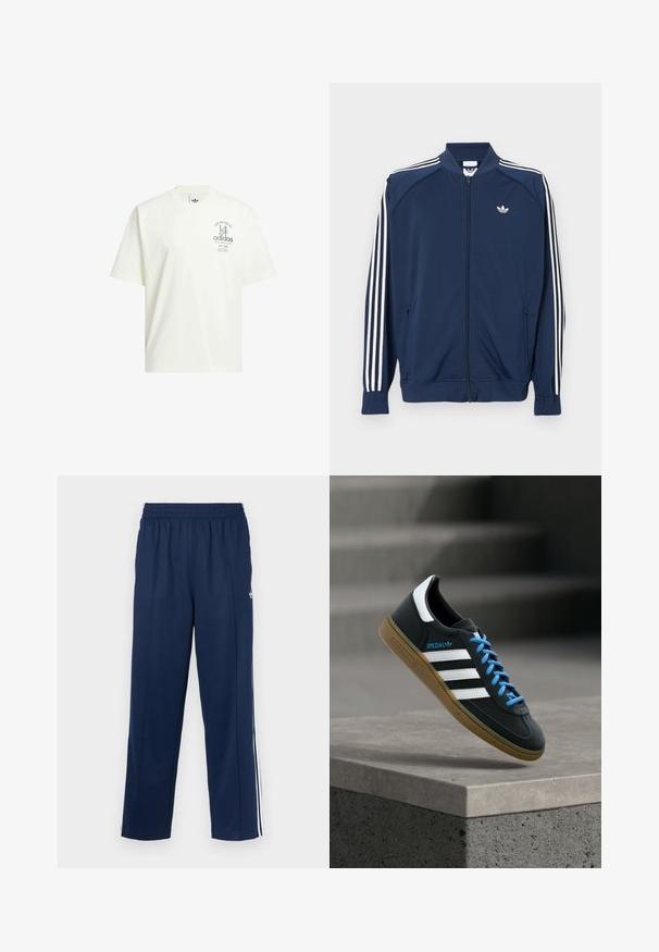 Marineblaue Trainingsjacke aus Polyester mit Reißverschluss, mit weißen Drei-Streifen-Akzenten an den Ärmeln und einem kleinen weißen Logo auf der Brust.; Weißes Baumwoll-T-Shirt mit Rundhalsausschnitt, kurzen Ärmeln und einem grafischen Druck mit "Adidas" und "Los Angeles" in Grün.; Marineblaue Sporthose mit strukturierter Oberfläche, elastischem Bund und weißen Seitenstreifen. Mit geradem Schnitt und ohne Taschen.; Schwarzer Adidas-Sneaker mit weißen Streifen, blauen Schnürsenkeln und Gummisohle, der über einer grauen Betontreppe im weichen Licht schwebt.
