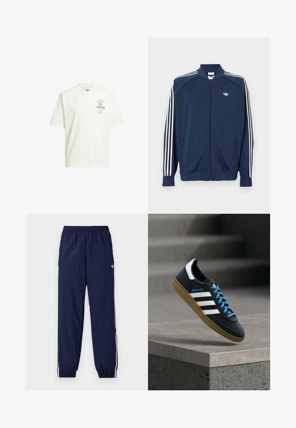 Marineblaue Trainingsjacke aus Polyester mit Reißverschluss, mit weißen Drei-Streifen-Akzenten an den Ärmeln und einem kleinen weißen Logo auf der Brust.; Weißes Baumwoll-T-Shirt mit Rundhalsausschnitt, kurzen Ärmeln und einem grafischen Druck mit "Adidas" und "Los Angeles" in Grün.; Marineblaue Trainingshose aus leichtem Stoff, mit weißen Streifen an den Seiten, einem elastischen Bund und einem kleinen Logo.; Schwarzer Adidas-Sneaker mit weißen Streifen, blauen Schnürsenkeln und Gummisohle, der über einer grauen Betontreppe im weichen Licht schwebt.