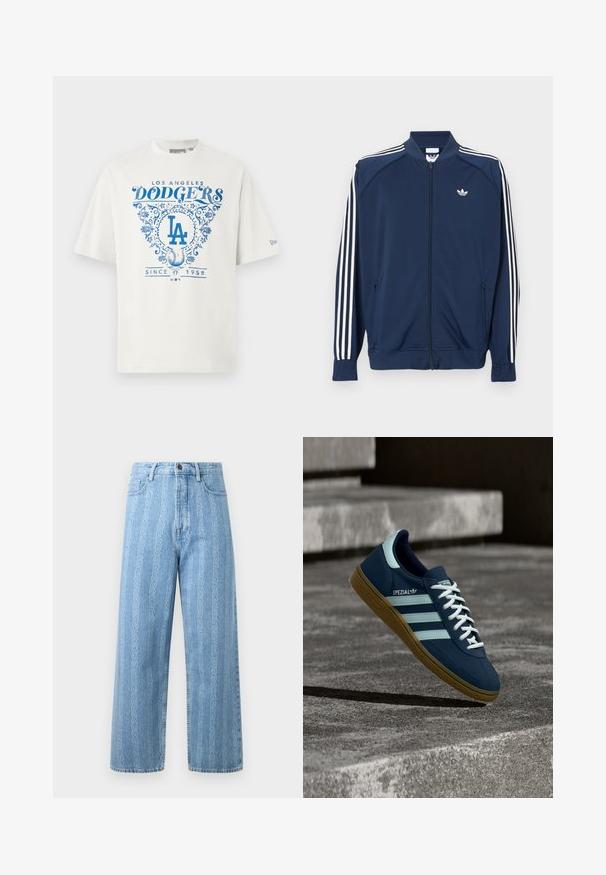 Chaqueta deportiva azul marino con cremallera, fabricada en poliéster, que presenta detalles de tres rayas blancas en las mangas y un pequeño logo blanco en el pecho.; Camiseta de algodón blanca con texto gráfico azul "LOS ANGELES DODGERS" y "SINCE 1958" con acentos florales y el logo "LA" en el centro.; Jeans de mezclilla azul claro con un diseño de pierna ancha, presentando un patrón de cadena repetido. Estilo clásico de cinco bolsillos y detalle de botón de metal.; Zapatilla azul Adidas Spezial con rayas y cordones blancos, suela de goma, flotando sobre una superficie de hormigón rugosa y escaleras de fondo.