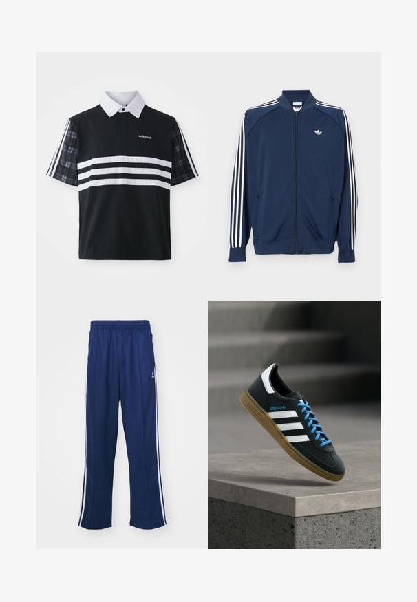 Veste de survêtement zippée bleu marine en polyester, avec des accents à trois bandes blanches sur les manches et un petit logo blanc sur la poitrine.; Polo noir avec des rayures blanches et un logo ; présente des manches courtes à carreaux et un col blanc avec une patte de boutonnage.; Pantalon de sport bleu marine avec une coupe décontractée, doté de bandes blanches sur les côtés et d'une taille élastique. Tissu lisse, sans motifs ni éléments métalliques visibles.; Baskets Adidas noires avec des rayures blanches, des lacets bleus et une semelle en gomme flottant au-dessus d'une marche en béton grise sous une lumière douce.
