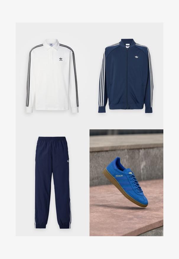 Donkerblauw trainingsjack met ritssluiting van polyester, met witte drie-strepen accenten op de mouwen en een klein wit logo op de borst.; Witte langlopende polo met klassieke kraag, zwarte drie-strepenaccenten langs de mouwen en een klein zwart logo op de borst.; Marineblauwe trainingsbroek gemaakt van lichtgewicht stof, met witte strepen langs de zijkanten, een elastische tailleband en een klein logo.; Blauwe Adidas Spezial sneaker met rubberen zool, veters geknoopt, hangend boven een glad stenen oppervlak nabij een grijze betonnen muur.