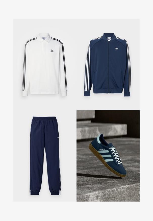 Marineblaue Trainingsjacke aus Polyester mit Reißverschluss, mit weißen Drei-Streifen-Akzenten an den Ärmeln und einem kleinen weißen Logo auf der Brust.; Weißes Poloshirt mit langen Ärmeln, klassischem Kragen, schwarzen drei Streifen an den Ärmeln und kleinem schwarzem Logo auf der Brust.; Marineblaue Trainingshose aus leichtem Stoff, mit weißen Streifen an den Seiten, einem elastischen Bund und einem kleinen Logo.; Blauer Adidas Spezial Sneaker mit weißen Streifen und Schnürsenkeln, Gummisohle, schwebend über rauer Betonoberfläche und Treppen im Hintergrund.