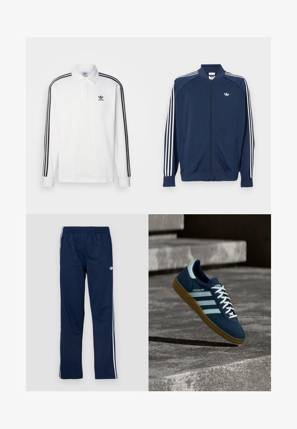 Marineblå lynlåstrøje i polyester med hvide tre-stribe accenter på ærmerne og et lille hvidt logo på brystet.; Hvid langærmet polo shirt med klassisk krave, sorte tre-stribede accenter ned langs ærmerne og et lille sort logo på brystet.; Marineblå træningsbukser med elastisk linning, hvide sidelister og broderet logo på venstre lår. Glat stoftekstur.; Blå Adidas Spezial sneaker med hvide striber og snørebånd, gummisål, svævende over en ru betongoverflade og trin i baggrunden.
