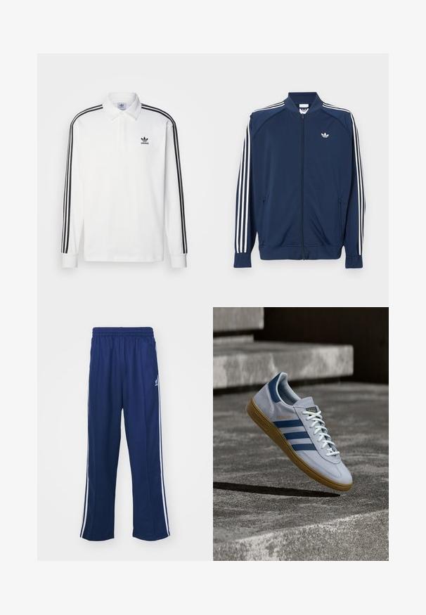 Námornícka modrá športová bunda na zips z polyesteru, s bielymi tromi pruhmi na rukávoch a malým bielym logom na hrudi.; Biela polo košeľa s dlhým rukávom so klasickým golierom, čiernymi trojpruhovými akcentmi pozdĺž rukávov a malým čiernym logom na hrudi.; Námornícke modré športové nohavice s voľným strihom, s bielymi bočnými pruhmi a elastickým pásom. Hladká tkanina, žiadne viditeľné vzory ani kovanie.; Svetlomodrá teniska Adidas Spezial s námorníckymi modrými pruhmi a gumovou podrážkou, zobrazená vo vzduchu nad betónovými schodmi v neutrálnej vonkajšej scéne.
