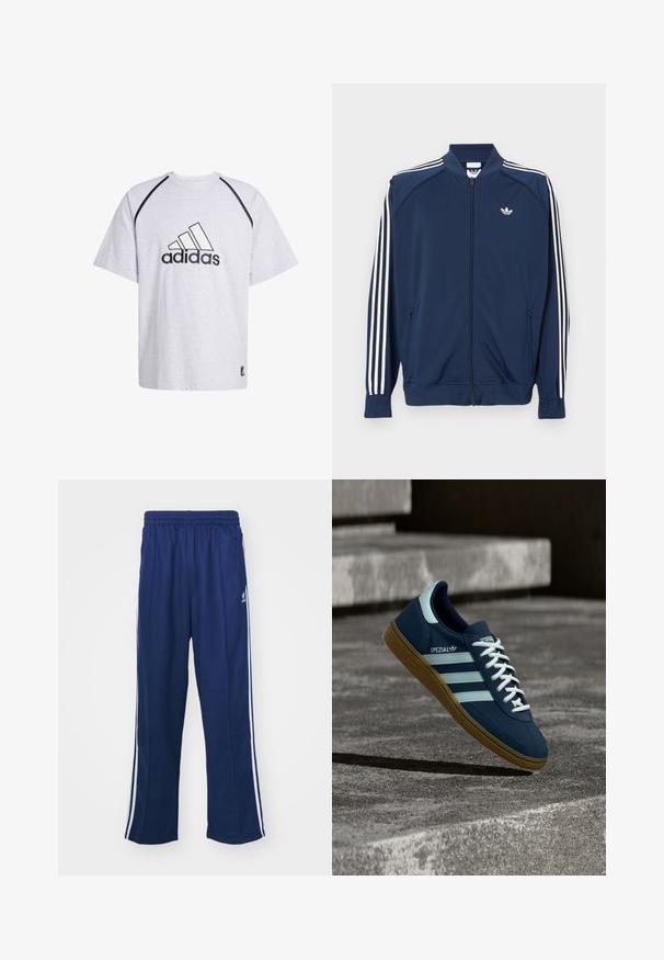 Donkerblauw trainingsjack met ritssluiting van polyester, met witte drie-strepen accenten op de mouwen en een klein wit logo op de borst.; Grijze katoenen t-shirt met ronde hals, korte mouwen en contrasterende zwarte accenten langs de naden. Heeft een opvallend zwart Adidas-logo.; Marineblauwe sportbroek met een ontspannen pasvorm, voorzien van witte zijstrepen en een elastische tailleband. Soepele stof, geen zichtbare patronen of hardware.; Blauwe Adidas Spezial sneaker met witte strepen en veters, gumzool, zwevend boven een ruwe betonnen oppervlakte en trappen op de achtergrond.