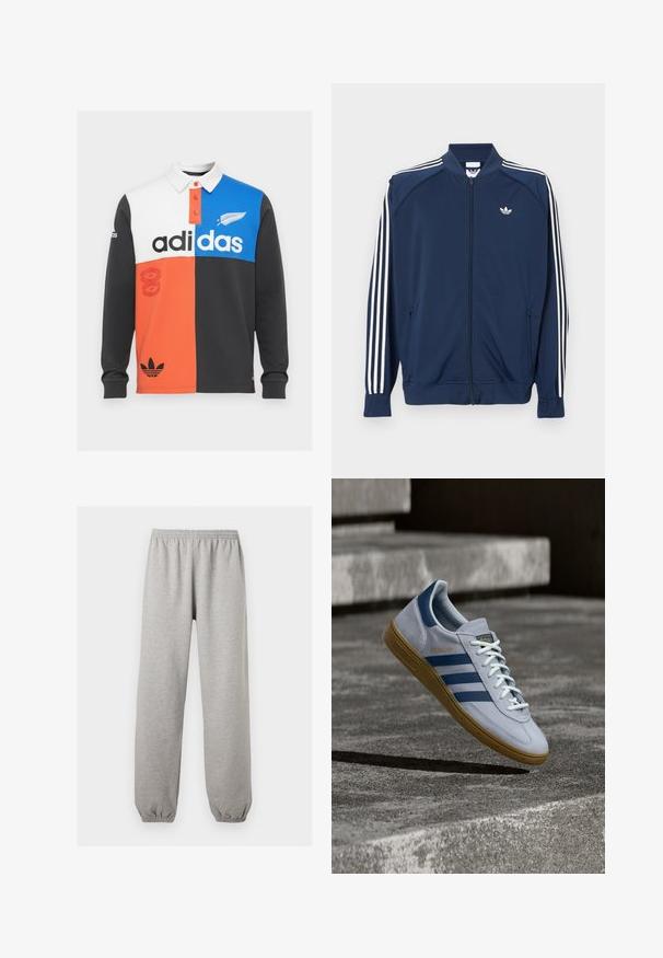 Marineblå lynlåstrøje i polyester med hvide tre-stribe accenter på ærmerne og et lille hvidt logo på brystet.; Farvet opdelt langærmet polo shirt i sort, hvid, orange og blå, med krave, knaplukning og fremtrædende Adidas branding.; Lysegrå joggingbukser med elastik i taljen og ved anklerne, lige ben, lavet af blødt stof.; Lyseblå Adidas Spezial sneakers med marineblå striber og gummisål, vist i luften over betontrapper i et neutralt udendørsmiljø.