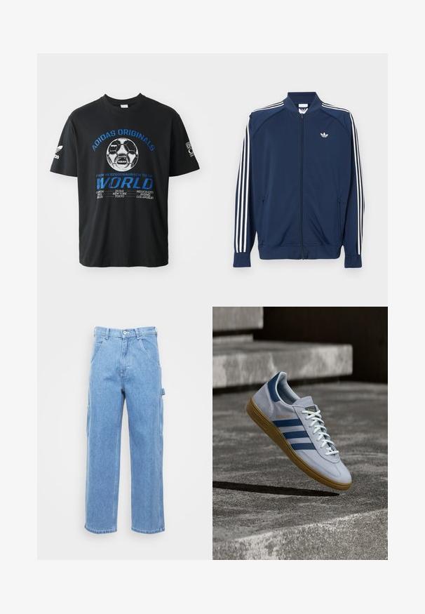 Laivastonsininen vetoketjullinen verkkatakki polyesteriä, jossa valkoiset kolmisuora raidat hihoissa ja pieni valkoinen logo rinnassa.; Musta puuvillapaita, jossa on sininen "ADIDAS ORIGINALS" -teksti ja jalkapallografiikka, sekä kaupunkien nimiä valkoisena printattuna alla. Lyhyet hihat.; Vaaleansiniset farkku cargo-housut, joissa on suora lahje, etutaskut ja sivutaskut. Kankaan pinta on sileä ja siinä on hienoinen kulunut viimeistely.; Vaaleansiniset Adidas Spezial -lenkkarit tummansinisillä raidoin ja kumipohjalla, esitetty ilmassa betonportaiden yllä neutraalissa ulkoilmaympäristössä.