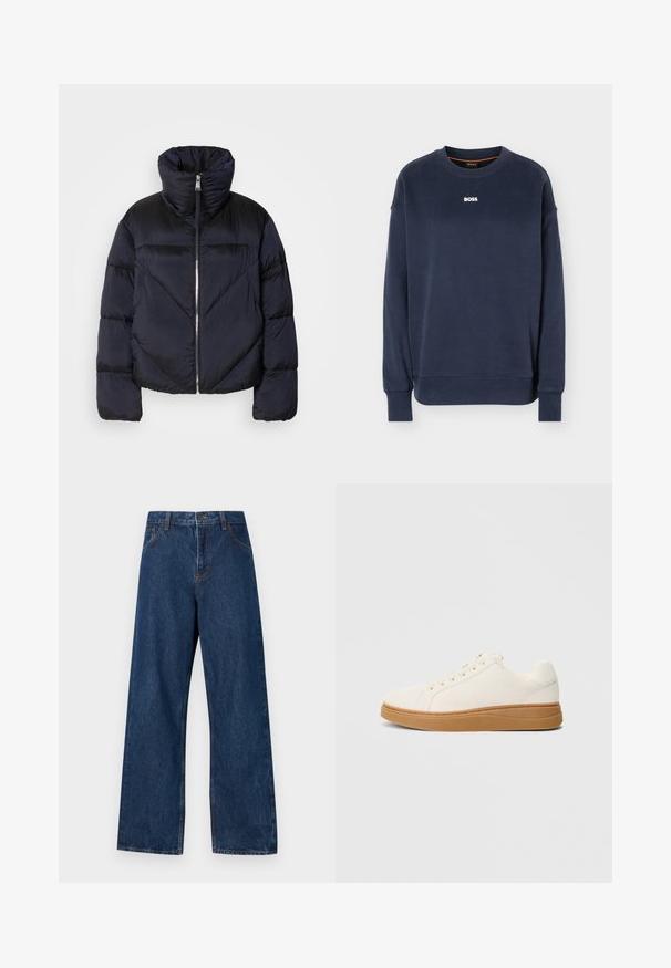Doudoune navy foncé avec col montant, dotée d'une fermeture éclair métallique et de coutures diagonales. Fabriquée en tissu léger et brillant.; Sweat-shirt marine à manches longues avec col rond, poignets et ourlet côtelés, arborant le logo blanc "BOSS" centré sur la poitrine.; Jean large en denim bleu foncé avec un design classique à cinq poches. Présente des coutures contrastées et une fermeture par bouton à l'avant.; Baskets blanches en toile avec une semelle en caoutchouc naturel. Bout arrondi, fermeture à lacets, et surpiqûres le long de la semelle pour plus de détails.