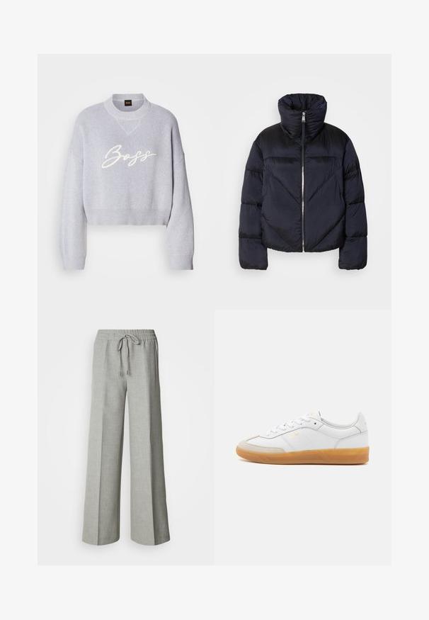 Pufferjack in donker marineblauw met hoge kraag, voorzien van een metallic rits en diagonale naaddetails. Gemaakt van een lichte, glanzende stof.; Lichtgrijze cropped trui met ribbeltextuur, brede mouwen en een gebreide ronde hals. Bevat een witte "Boss" logo op de voorkant.; Lichtgrijze wijde broek met elastische tailleband en trekkoord, voorzakken en een subtiele gestructureerde stof.; Witte leren sneaker met beige suède accenten, gumrubberen zool en vetersluiting. Heeft subtiele branding in goud.