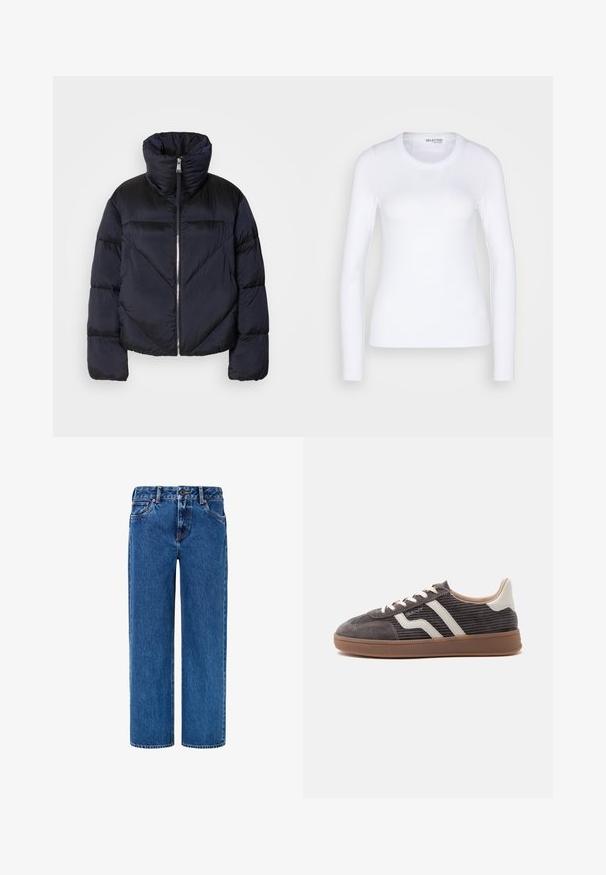 Chaqueta bombona en un azul marino oscuro con cuello alto, que presenta un cierre metálico y detalles de costura en diagonal. Fabricada con un tejido ligero y brillante.; Selected SLFDIANNA O NECK - Camiseta de manga larga - bright white; Jeans de mezclilla azul claro con un diseño de pierna recta, que cuentan con cierre de botón, trabillas para el cinturón y bolsillos frontales con costura visible.; Zapatilla deportiva individual de color gris oscuro con detalles en cuero blanco, laterales texturizados, cordones blancos y suela de goma marrón, mostrada de perfil sobre un fondo liso.