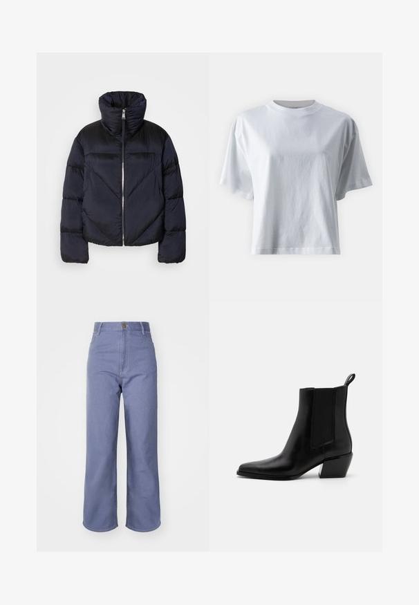 Pufferjack in donker marineblauw met hoge kraag, voorzien van een metallic rits en diagonale naaddetails. Gemaakt van een lichte, glanzende stof.; IVY OAK IOKYLA - T-shirt basic - bright white; Lichtblauwe wijd-uitlopende jeans van denim, met een hoge taille, sluiting met voorknop en zichtbare stiksels op de zakken en naden.; Zwarte leren enkellaarzen met een spitse neus, elastische zijpanelen en een lage blokhak. Bevat een trekkoord aan de hiel voor gemakkelijk aan- en uittrekken.