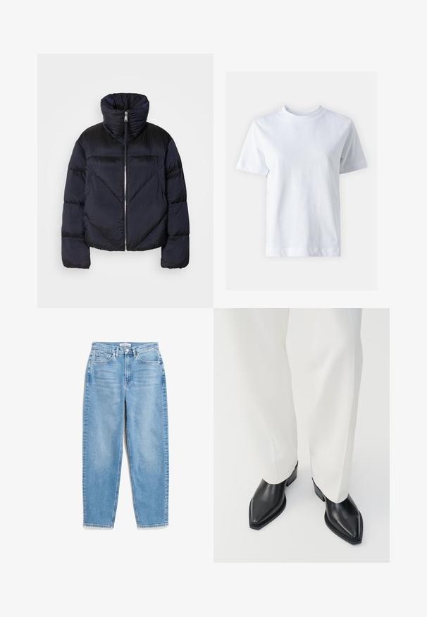 Puffermantel in dunkelblau mit hohem Kragen, ausgestattet mit einem glänzenden Reißverschluss und diagonalen Nahtdetails. Hergestellt aus leichtem, glänzendem Stoff.; Weißes Baumwoll-T-Shirt mit Rundhalsausschnitt, kurzen Ärmeln, gerader Schnittführung und glatter Textur. Keine Muster oder Verzierungen.; Hellblaue Denim-Jeans mit geradem Bein, fünf Taschen und dezentem Ausbleichen an der Vorderseite. Mit klassischem Knopfverschluss an der Taille.; Schwarze spitz zulaufende Stiefeletten aus glattem Leder mit flachen Blockabsätzen, kombiniert mit weißen, weiten Hosen. Schlichtes und modernes Design.