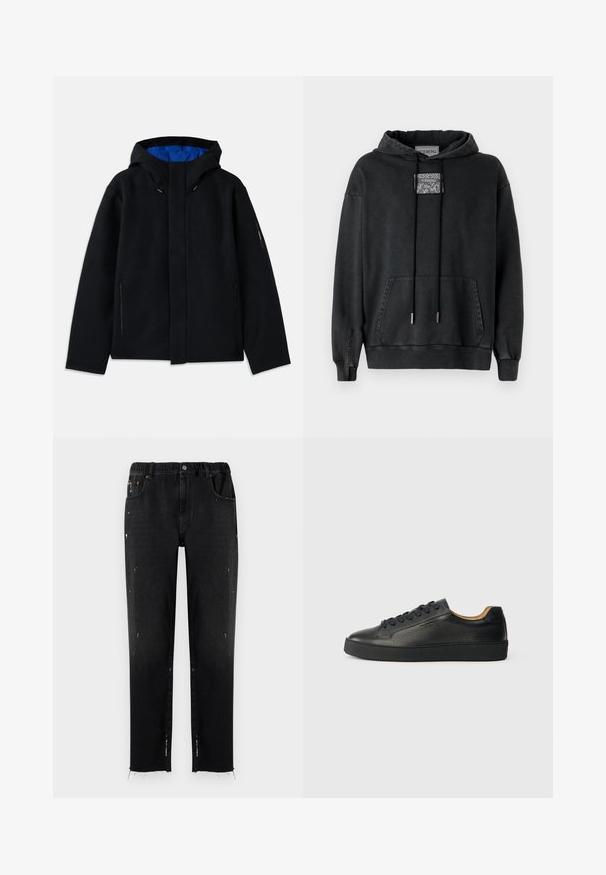 Chaqueta negra con capucha y forro azul, que cuenta con dos bolsillos laterales con cremallera, un corte recto y ajustes con cordón en la capucha.; Iceberg Jersey con capucha - nero; Vaqueros negros de denim con cinturilla elástica, corte recto, detalles desgastados y dobladillo desflecado. Presenta bolsillos y cierre con botón.; Zapatilla negra de cuero de caña baja con superficie texturizada, cordones negros y suela de goma gruesa, mostrada de lado sobre un fondo claro.