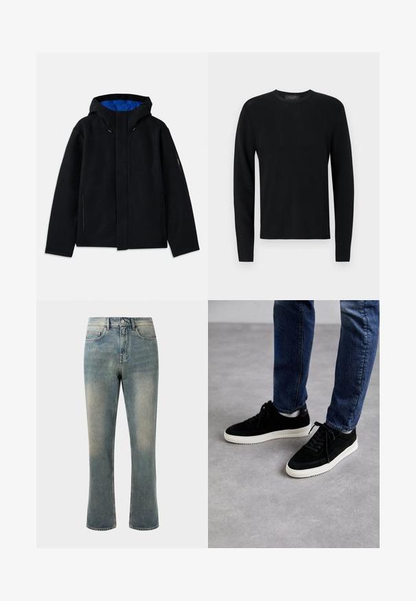Sort hættetrøje med blåt indre, der har to sidelommer med lynlås, lige pasform og snorejusteringer på hætten.; Sort bomulds sweater med lange ærmer, ribbet tekstur, rund hals og tætsiddende ærmer. Enkel design uden mønstre eller detaljer.; Lys blå denim jeans med lige ben, mellemhøj talje og subtilt slid. Har klassisk lomme-design og kontrasterende stikninger.; Sorte ruskind sneakers med en hvid gummisål, der har et klassisk low-top design, rundt tå og flade sorte snørebånd.