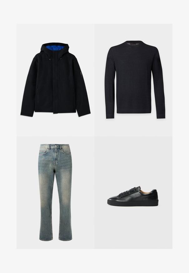 Sort hættetrøje med blåt indre, der har to sidelommer med lynlås, lige pasform og snorejusteringer på hætten.; Sort langærmet crewneck sweater med subtilt tekstureret mønster, ribkantede ærmeafslutninger og kant, vist på en ensartet lys grå baggrund.; Lys blå denim jeans med lige ben, mellemhøj talje og subtilt slid. Har klassisk lomme-design og kontrasterende stikninger.; Sorte lædersneakers med en glat overflade, rund tå og snørebåndslukning. Har en tyk gummisål og minimal branddetalje.