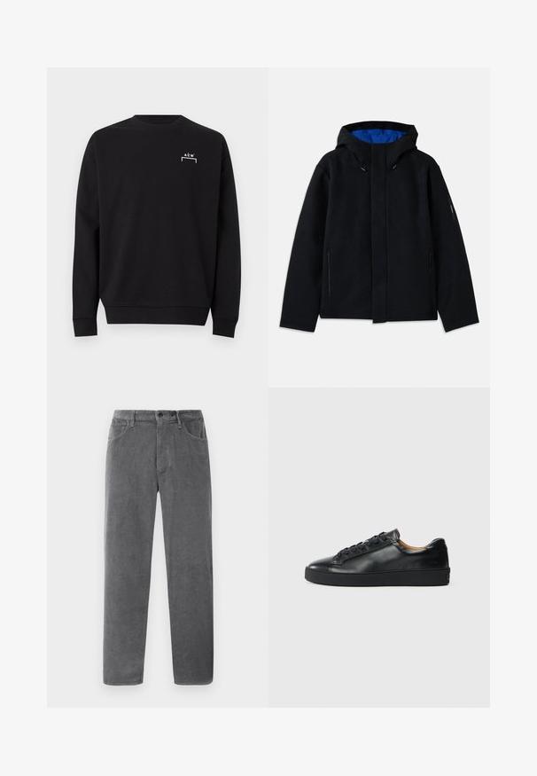 Veste à capuche noire avec un intérieur bleu, dotée de deux poches zippées sur les côtés, d'une coupe droite et de réglages par cordon sur la capuche.; Sweat-shirt noir à manches longues col rond avec petit logo blanc "A C W" et motif de crochets sur la partie supérieure gauche de la poitrine.; Pantalon en velours côtelé gris avec une coupe droite, comportant deux poches avant, une fermeture à boutons et des côtes verticales texturées.; Baskets en cuir noir avec une texture lisse, bout rond et fermeture à lacets. Comprend une semelle en caoutchouc épaisse et un minimum de détails de marque.