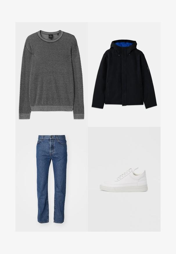 Sort hættetrøje med blåt indre, der har to sidelommer med lynlås, lige pasform og snorejusteringer på hætten.; Grå strikket sweater med et tekstureret mønster, rund halsudskæring og ribbede manchetter. Lavet af et blødt, let materiale.; Lysblå denimjeans med lige ben, fem lommer, synlige syninger og en knaplukning i taljen.; Hvid lædersneaker med rundet tå, flad sål og snørebånd foran. Har syningsdetaljer og polstret krave for komfort.