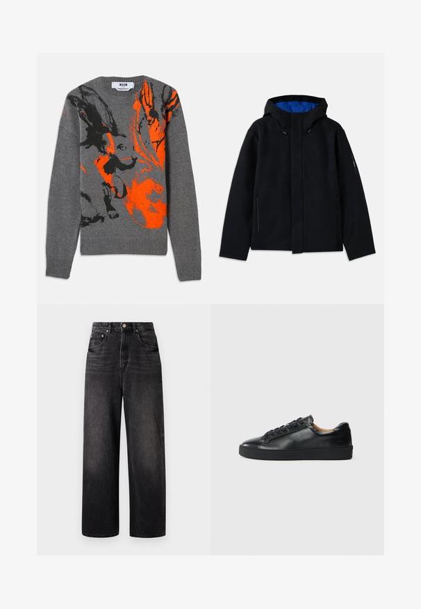 Veste à capuche noire avec un intérieur bleu, dotée de deux poches zippées sur les côtés, d'une coupe droite et de réglages par cordon sur la capuche.; Pull en tricot gris avec un design abstrait contrasté en orange et noir. Encolure ronde et poignets et ourlet côtelés. Texture douce.; Jeans en denim noir avec une coupe ample, taille haute, cinq poches et une fermeture à bouton visible. Présente un délavage subtil et une coupe droite.; Baskets en cuir noir avec une texture lisse, bout rond et fermeture à lacets. Comprend une semelle en caoutchouc épaisse et un minimum de détails de marque.
