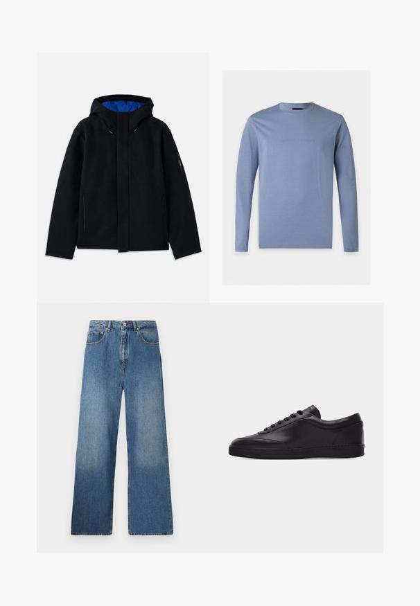 Sort hættetrøje med blåt indre, der har to sidelommer med lynlås, lige pasform og snorejusteringer på hætten.; Langærmet lyseblå T-shirt med rund hals og præget Emporio Armani-logo centreret på brystet mod en hvid baggrund.; Bredde ben blå denim jeans med et klassisk fem-lomme design, frontlukning med knap og let falming for tekstur.; Sort lavtstående lædersneaker med snørebånd foran og flad gummisål, vist fra siden på en ensartet hvid baggrund.