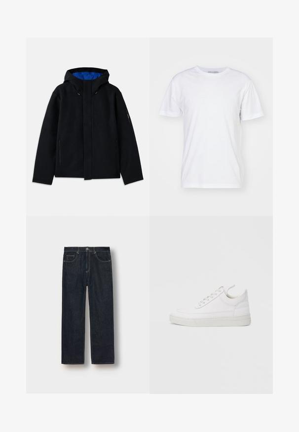 Schwarze Kapuzenjacke mit blauer Innenausstattung, ausgestattet mit zwei seitlichen Reißverschlusstaschen, geradem Schnitt und Zugregulierungen an der Kapuze.; Weißes Baumwoll-T-Shirt mit Rundhalsausschnitt, kurzen Ärmeln und geradem Schnitt. Keine Muster oder Verzierungen, glatte Textur und schlichtes Design.; Dunkelblaue gerade geschnittene Jeans aus Denim-Stoff, mit Gürtelschlaufen, vorderen Taschen und kontrastierenden Nähten. Minimalistisches Design ohne Verzierungen.; Weißer Ledersneaker mit abgerundetem Zehenbereich, flacher Sohle und Schnürverschluss. Verfügt über Nahtdetails und einen gepolsterten Kragen für zusätzlichen Komfort.