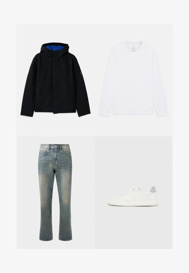 Sort hættetrøje med blåt indre, der har to sidelommer med lynlås, lige pasform og snorejusteringer på hætten.; Hvid langærmet T-shirt med rund hals og Armani Exchange-logo trykt inde i halsudskæringen, størrelse medium.; Lys blå denim jeans med lige ben, mellemhøj talje og subtilt slid. Har klassisk lomme-design og kontrasterende stikninger.; Hvid lavtop-sneaker med gråt hælflig, hvide snørebånd og tekstureret sål, vist på en ensfarvet lys baggrund.