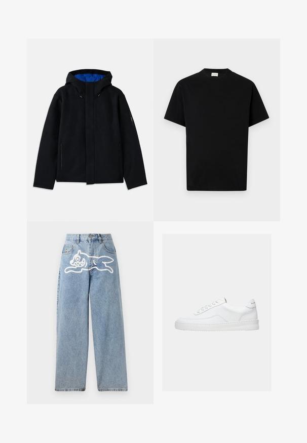 Sort hættetrøje med blåt indre, der har to sidelommer med lynlås, lige pasform og snorejusteringer på hætten.; Sort bomuld t-shirt med rund hals, korte ærmer og lige snit. Ingen synlige mønstre eller hardwaredetaljer.; Lysblå denimjeans med en afslappet, bred pasform. Har et hvidt motiv af en løbende kat på bagsiden. Klassisk fem-lomme design.; Hvid lavt sneaker med snørelukning, glat læderoverdel og tyk sål, vist fra siden på en ensfarvet baggrund.