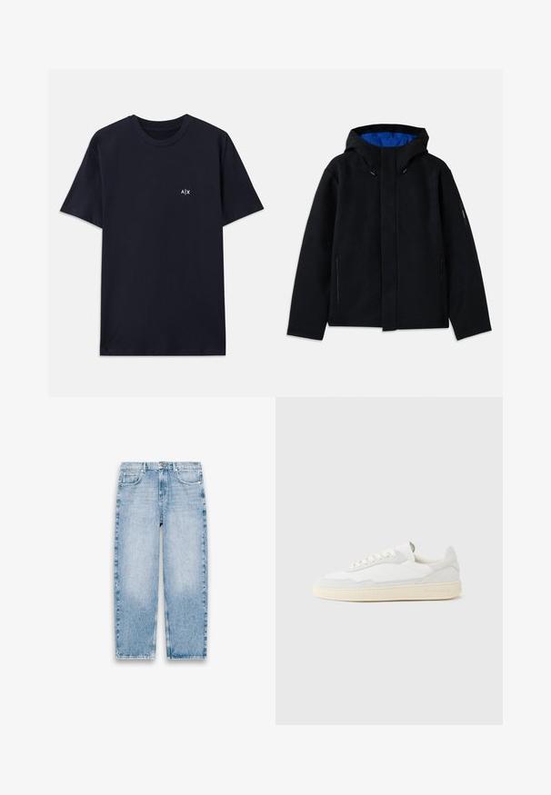 Sort hættetrøje med blåt indre, der har to sidelommer med lynlås, lige pasform og snorejusteringer på hætten.; Mørkeblå bomulds T-shirt med korte ærmer og rund halsudskæring. Har et lille hvidt "A|X" logo på venstre brystområde.; Lyseblå denimjeans med lige ben, fem lommer, bæltestropper og lukning med knap og lynlås foran på hvid baggrund.; Hvid sneakers med en øvre del i tekstureret ruskind og læder. Har rundet tå, snørelukning og kontrasterende beige gummisål.