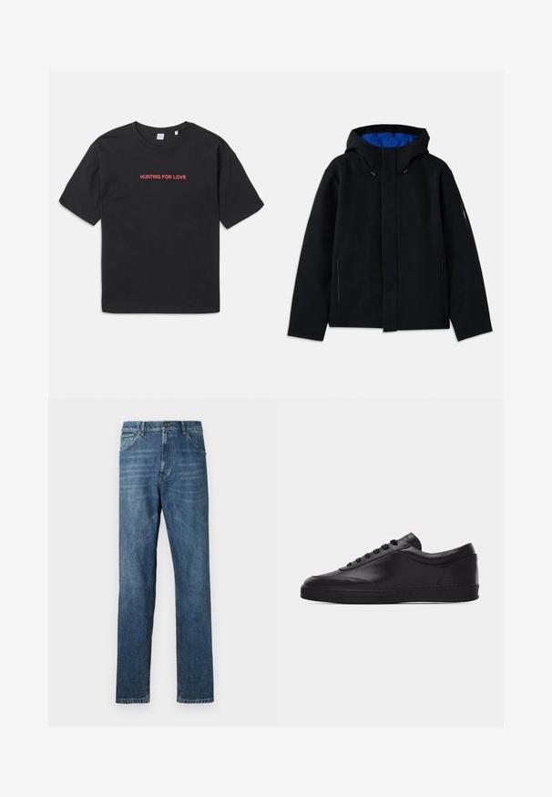 Veste à capuche noire avec un intérieur bleu, dotée de deux poches zippées sur les côtés, d'une coupe droite et de réglages par cordon sur la capuche.; T-shirt en coton noir à manches courtes, arborant le texte rouge "HUNTING FOR LOVE" brodé sur la poitrine. Coupe simple et décontractée.; Jeans en denim bleu foncé, design à jambe droite, style à cinq poches, couture visible et fermeture à bouton classique. Effet de délavage léger sur le tissu.; Baskets basses en cuir noir avec lacets sur le devant et semelle en caoutchouc plate, vues de côté sur un fond blanc uni.