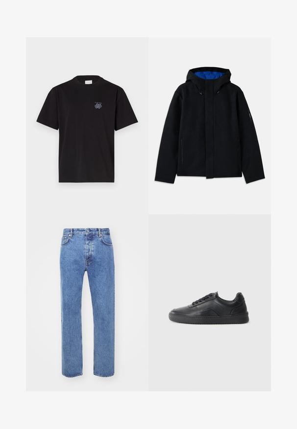 Schwarze Kapuzenjacke mit blauer Innenausstattung, ausgestattet mit zwei seitlichen Reißverschlusstaschen, geradem Schnitt und Zugregulierungen an der Kapuze.; Schwarzes Baumwoll-T-Shirt mit Rundhalsausschnitt und kurzen Ärmeln. Mit einem kleinen blauen Logo auf der linken Brust. Einfaches, gerade geschnittenes Design.; Won Hundred STEVE - Jeans Relaxed Fit - cut blue; Schwarze Leder-Sneaker mit glatter Oberfläche, abgerundeter Zehenpartie, strukturiertem Seitenpaneel und schwarzen Schnürsenkeln. Verfügt über eine flache Gummisohle und ein minimalistisches Design.