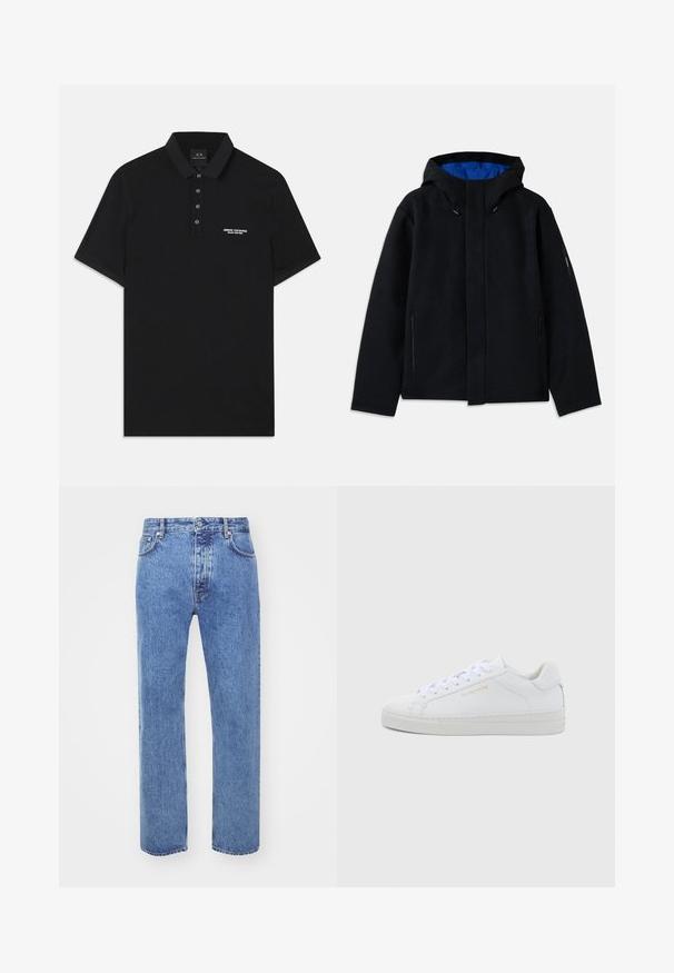 Chaqueta negra con capucha y forro azul, que cuenta con dos bolsillos laterales con cremallera, un corte recto y ajustes con cordón en la capucha.; Camiseta polo negra de algodón, con un cuello estándar, una tapeta de tres botones y un pequeño logotipo blanco de "Armani Exchange" a la izquierda.; Won Hundred STEVE - Vaqueros boyfriend - cut blue; Zapatillas bajas de cuero blanco con puntera redonda, cordones planos, suela texturizada y sutil marca dorada en el lateral. Superficie lisa y diseño minimalista.