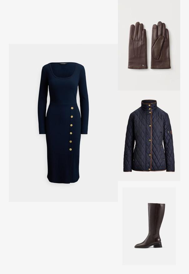 Marineblaue gesteppte Jacke mit goldenen Knöpfen, brauner Paspelierung, hohem Kragen, Seitentaschen und einer Reißverschlusstasche am linken Ärmel.; Marineblaues, langärmliges Kleid mit Rippstrick, quadratischem Ausschnitt und seitlichen Knöpfen. Es hat eine figurbetonte Silhouette und einen knielangen Saum.; Knöchelhohe, braune Lederstiefel mit glatter Oberfläche, abgerundeter Spitze und gestapeltem schwarzen Absatz. Schlichtes Design mit minimalen Hardware-Details.; Paar dunkelbraune Lederhandschuhe, eines zeigt die Rückseite mit dekorativen Nähten und Logo, das andere die Handfläche.