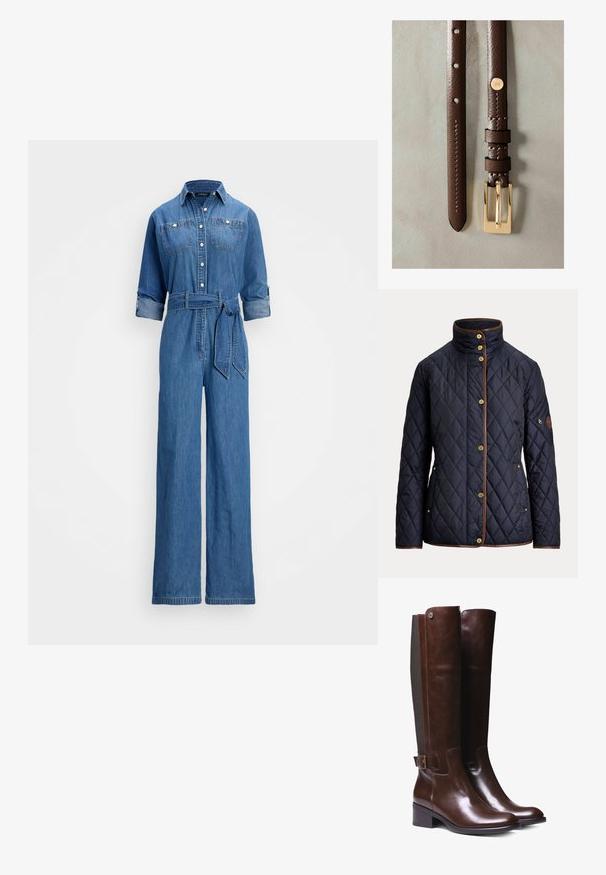 Veste matelassée bleu marine avec boutons dorés, bordure marron, col montant, poches latérales et une poche zippée sur la manche gauche.; Jumpsuit en denim bleu moyen, avec un devant à boutons, deux poches poitrine, des manches retroussées, une taille ceinturée et une silhouette évasée.; Bottes haute en cuir marron avec finition lisse, panneau en tissu contrastant, détail de boucle à la cheville et petit talon carré.; Ceinture en cuir marron avec une boucle en métal doré, dotée de détails cousus et de plusieurs trous d'ajustement. Accent doré remarquable avec un 'N'.