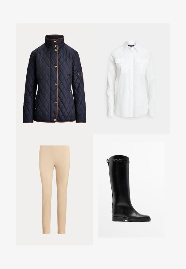 Veste matelassée bleu marine avec boutons dorés, bordure marron, col montant, poches latérales et une poche zippée sur la manche gauche.; Chemise blanche boutonnée en tissu texturé, avec un col pointu, des manches longues et deux poches poitrine à rabat.; Pantalon beige slim fit longueur cheville avec une finition lisse, sans poches visibles ni ornements, sur un fond uni.; Botte haute en cuir noir avec un petit talon et un détail de boucle dorée près du haut, montrée de profil sur fond blanc.