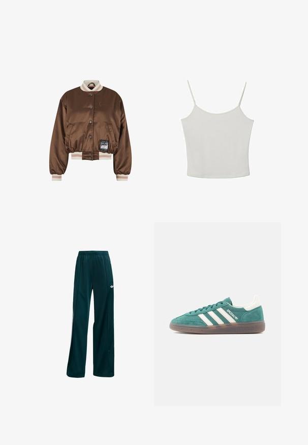 Brun satin bomberjakke med hvid og lyserød stribet krave, manchetter, knaplukning foran, sidelommer og en sort grafisk patch på fronten.; Stradivarius TOP - Top - beige; Mørk teal træningsbukser lavet af letvægtigt stof, med et simpelt design, elastisk talje og hvide sideaccenter.; Grøn ruskindsneakers med hvide læderdetaljer og tre hvide striber. Indeholder en gummisål og polstret krave for komfort.