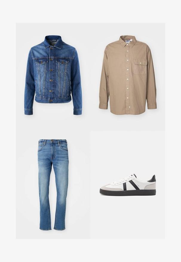 Chaqueta de mezclilla azul con cierre de botones en la parte delantera, dos bolsillos en el pecho y un cuello clásico. La tela tiene una textura ligeramente descolorida.; Camiseta sin mangas, de mangas largas, de tela de algodón marrón claro, con botones en el frente, un bolsillo en el pecho con tapa, cuello clásico y dobladillo recto.; Jeans de mezclilla de color azul claro con corte recto, que presentan un diseño clásico de cinco bolsillos, un sutil desgaste en la tela y detalles de costura en contraste.; Zapatilla blanca con acentos en negro y gris, que presenta una puntera texturizada en gris, suela de goma negra y cordones planos blancos. Diseño limpio, estilo minimalista.