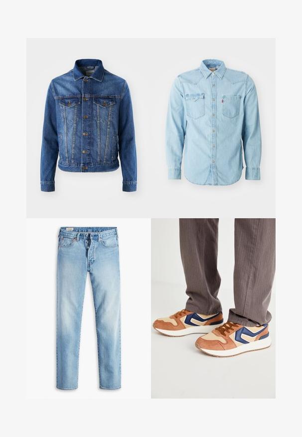 Chaqueta de mezclilla azul con cierre de botones en la parte delantera, dos bolsillos en el pecho y un cuello clásico. La tela tiene una textura ligeramente descolorida.; Camisa de denim azul clara de manga larga con cuello puntiagudo, dos bolsillos en el pecho, botones de presión plateados y costuras en contraste. Textura suave.; Vaqueros de mezclilla azul claro con diseño de pierna recta, que cuentan con cinco bolsillos, trabillas para cinturón y cierre frontal con botones.; Zapatillas con una mezcla de ante beige y material sintético crema, con un acento azul y suela texturizada; cordones marrones; combinadas con pantalones a rayas grises.