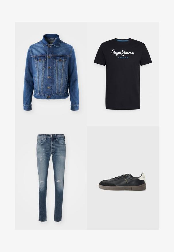 Chaqueta de mezclilla azul con cierre de botones en la parte delantera, dos bolsillos en el pecho y un cuello clásico. La tela tiene una textura ligeramente descolorida.; Camiseta negra de algodón con un logo de guion en blanco "Pepe Jeans" con un acento azul, cuello redondo y mangas cortas. Diseño simple y sólido.; Replay WILLBI PANTS - Vaqueros rectos - medium blue; Replay POLYS SCENT - Zapatillas - black/off white
