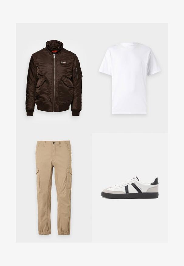 Schott Blouson Bomber - dark brown; T-shirt blanc à manches courtes en coton avec un col rond, présentant une texture lisse et un design simple, sans motifs ni accents.; Pantalon cargo beige avec poignets élastiques, poches à rabat sur les cuisses, poches latérales, et une fermeture à bouton à la taille.; Baskets blanches avec des accents noirs et gris, présentant un embout texturé gris, une semelle en caoutchouc noir et des lacets plats blancs. Design épuré, style minimaliste.