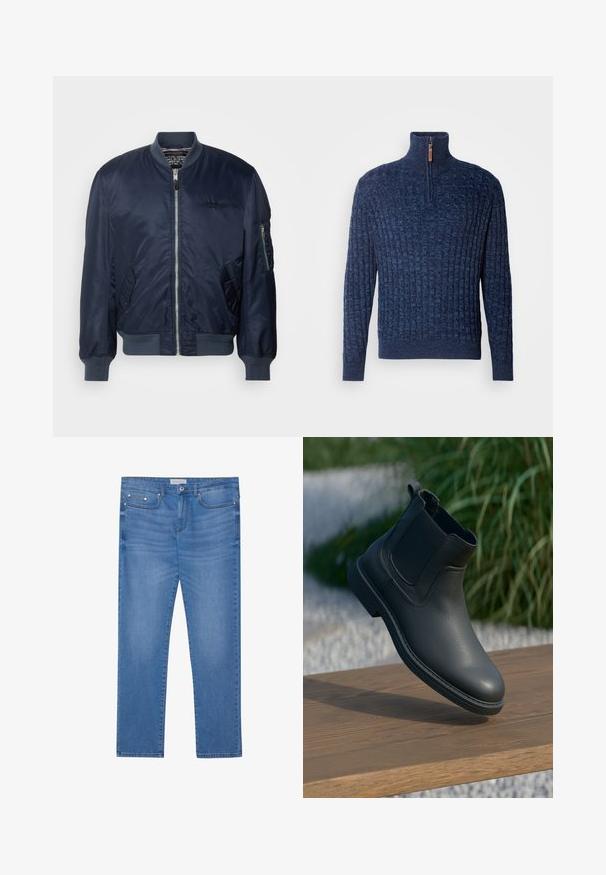 Marineblaue Bomberjacke aus glattem Nylon, mit einem Reißverschluss vorne, Seitentaschen, gerippten Bündchen und einer Ärmeltasche mit Reißverschluss.; INDICODE JEANS Strickpullover - navy mix; Hellblaue Denim-Jeans mit geradem Bein, Fünf-Taschen-Design, subtilen Verwaschungen und metallischen Akzenten an der Taille und den Taschen.; Schwarze Leder-Stiefelette mit elastischen Seitenpanelen, strukturierten Akzenten und Gummisohle; die Präsentation umfasst eine Holzoberfläche und Grünpflanzen.