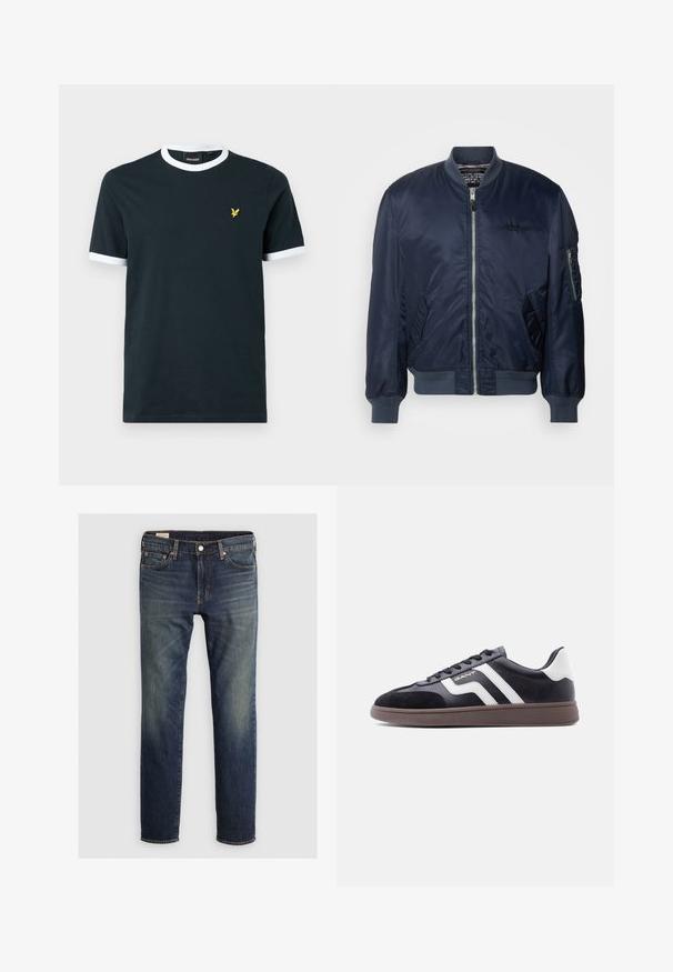 Mørkeblå bomberjakke lavet af glat nylon, med lynlås foran, sidelommer, ribbede manchetter og en ærmelomme med lynlås.; Marineblå bomulds T-shirt med hvid ribkant ved kraven og ærmekanterne. Udstyret med et lille gult broderet logo på venstre bryst.; Mørkeblå denim jeans med lige ben, fem lommer, synlig syning og en falmet effekt på lårene. Metalknaplukning.; Sorte sneakers med ruskind og syntetisk materiale, hvide diagonale striber og en brun tekstureret sål. Har snøredesign og polstret krave.