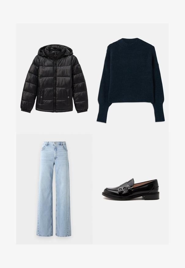 Schwarze, gesteppte Daunenjacke mit Kapuze, Reißverschluss, Druckknopf-Taschen, elastischen Bündchen und Logo-Patch am linken Ärmel.; Dunkelnavyblauer, gerippter Strickpullover mit langen Ärmeln und rundem Ausschnitt, auf einem weißen Hintergrund flach ausgelegt.; Weite helle blaue Jeans mit hoher Taille, fünf Taschen und ausgewaschenem Look. Verfügt über gesteppte Details und einen geraden Schnitt am Saum.; Schwarzer glänzender Lederloafer mit doppelten silbernen Schnallen und niedrigem Absatz, seitlich auf weißem Hintergrund gezeigt.