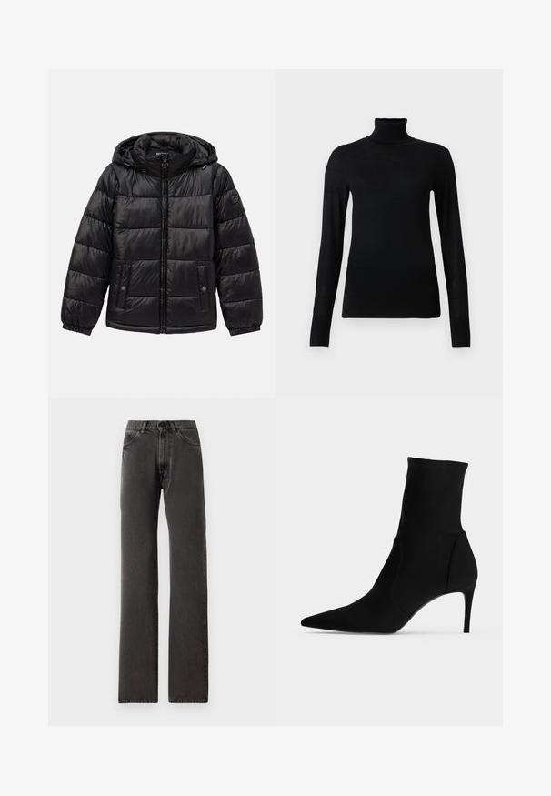 Sort, quiltet pufferjakke med hætte, lynlås lukning, snap-knap lommer, elastiske manchetter, og logo patch på venstre ærme.; Sort turtleneck sweater lavet af blødt, letvægtsmateriale. Har lange ærmer og en tætsiddende stil med høj krave.; Sorte straight-leg jeans med forlommer, bæltestropper, knaplukning og synlig syning på en hvid baggrund.; Sort ankelstøvle med spids tå og slank høj hæl, vist i profil på en lys baggrund. Elegant, minimalistisk design.