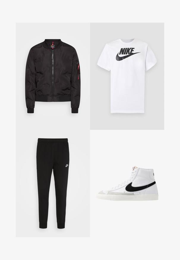 Schwarze Bomberjacke mit Reißverschluss vorne, gerippten Bündchen und Saum sowie einer Seitentasche mit einem roten Reißverschlussanhänger. Glattes, leichtes Material.; Weißes kurzärmeliges T-Shirt mit schwarzem Nike-Logo und Swoosh, zentriert auf der Brust, vor einfarbigem grauem Hintergrund.; Schwarze Sweatpants aus weichem Stoff, ausgestattet mit einem elastischen Bund und eng anliegenden Bündchen, mit einem kleinen weißen Nike-Logo auf dem linken Oberschenkel.; Weiße High-Top-Sneaker mit einem schwarzen Swoosh, strukturiertem grauen Zehenkappeneinsatz und flacher weißer Sohle. Verfügt über sechs Ösen und genähte Akzente.
