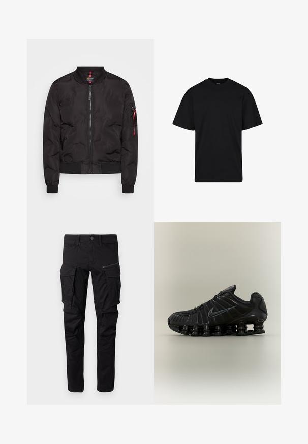 Chaqueta bomber negra con cierre frontal de cremallera, puños y dobladillo acanalados, y un bolsillo lateral con tirador de cremallera rojo. Material suave y ligero.; Camiseta negra de manga corta con cuello redondo, corte holgado, diseño liso y sin logotipos ni patrones visibles.; Pantalones cargo negros de tela duradera, con múltiples bolsillos laterales, un bolsillo con cremallera, perneras ajustadas y costuras reforzadas.; Zapatilla de correr negra Nike con suela segmentada similar a un muelle, parte superior de malla y logotipo swoosh negro a juego en el lateral.