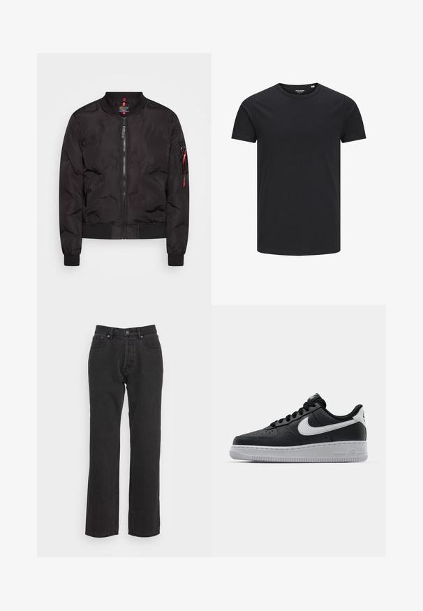Chaqueta bomber negra con cierre frontal de cremallera, puños y dobladillo acanalados, y un bolsillo lateral con tirador de cremallera rojo. Material suave y ligero.; Camiseta de algodón negra con cuello redondo, mangas cortas y un diseño sencillo. Textura suave, sin patrones ni herrajes visibles.; Jeans de denim negro con un diseño de pierna recta, que cuentan con un cierre de botón frontal, lazos para cinturón y dos bolsillos laterales. Tejido texturizado.; Zapatilla negra de cuero con superficie texturizada, logo de Nike en blanco, suela gris, puntera redonda y diseño de encaje. Presenta perforaciones en la puntera.