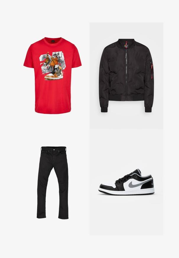 Chaqueta bomber negra con cierre frontal de cremallera, puños y dobladillo acanalados, y un bolsillo lateral con tirador de cremallera rojo. Material suave y ligero.; Camiseta de algodón roja con un gráfico que presenta un balón de baloncesto, una zapatilla y el texto "TRABAJA DURO SUEÑA EN GRANDE". El diseño incluye acentos en negro y naranja.; Vaqueros de mezclilla negra con un diseño de pierna recta, estilo de cinco bolsillos y cierre de botón metálico. Textura suave y color uniforme en toda la prenda.; Jordan AIR JORDAN 1 - Zapatillas - black/particle grey-white