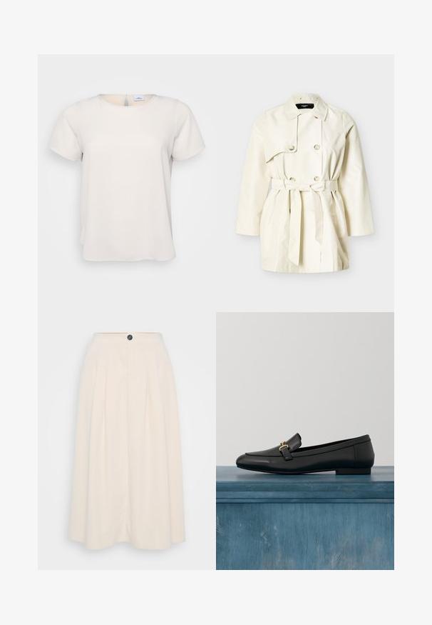 Off-white dobbeltradet trenchcoat med bred krave, knapdetaljer og et bundet taljebælte, vist på en ensfarvet baggrund.; Kortærmet, rundhalset top i lys beige stof med en glat tekstur; har en nøglehulsdetalje på ryggen og en afslappet pasform.; En cremefarvet midi-nederdel med læg, frontknaplukning og en glat tekstur, designet til en afslappet pasform.; Sort læderloafer med glat finish, der har en guldfarvet hardware-detalje og en rundet tå, hængende mod en minimalistisk baggrund.