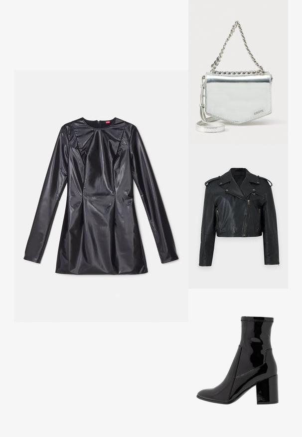 Zwarte cropped leren bikerjack met asymmetrische ritssluiting, reverskraag, ritssluitingen aan de zakken, schouderepauletten en ritssluitingen aan de mouwzomen.; 032c TRAPEZE TOO TIGHT MINI DRESS - Cocktailjurk - black luster; Zwarte patenten enkellaarsjes met een gladde textuur, een spitse neus en een gestructureerde blokhak. Heeft een ritsvrije ontwerping en contrasterende stiksels.; Zilverkleurige metallic schoudertas met kettingriem, geometrische vorm, gladde textuur en logodetail. Voorzien van een ritssluiting en accentstiksels.